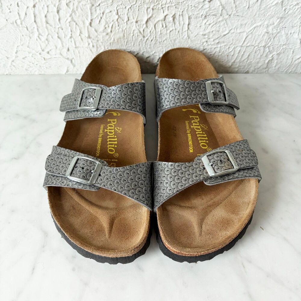 Papillio Birkenstock Sydney Gray Metallic Leather Sandals EU 40 US 9 Regular